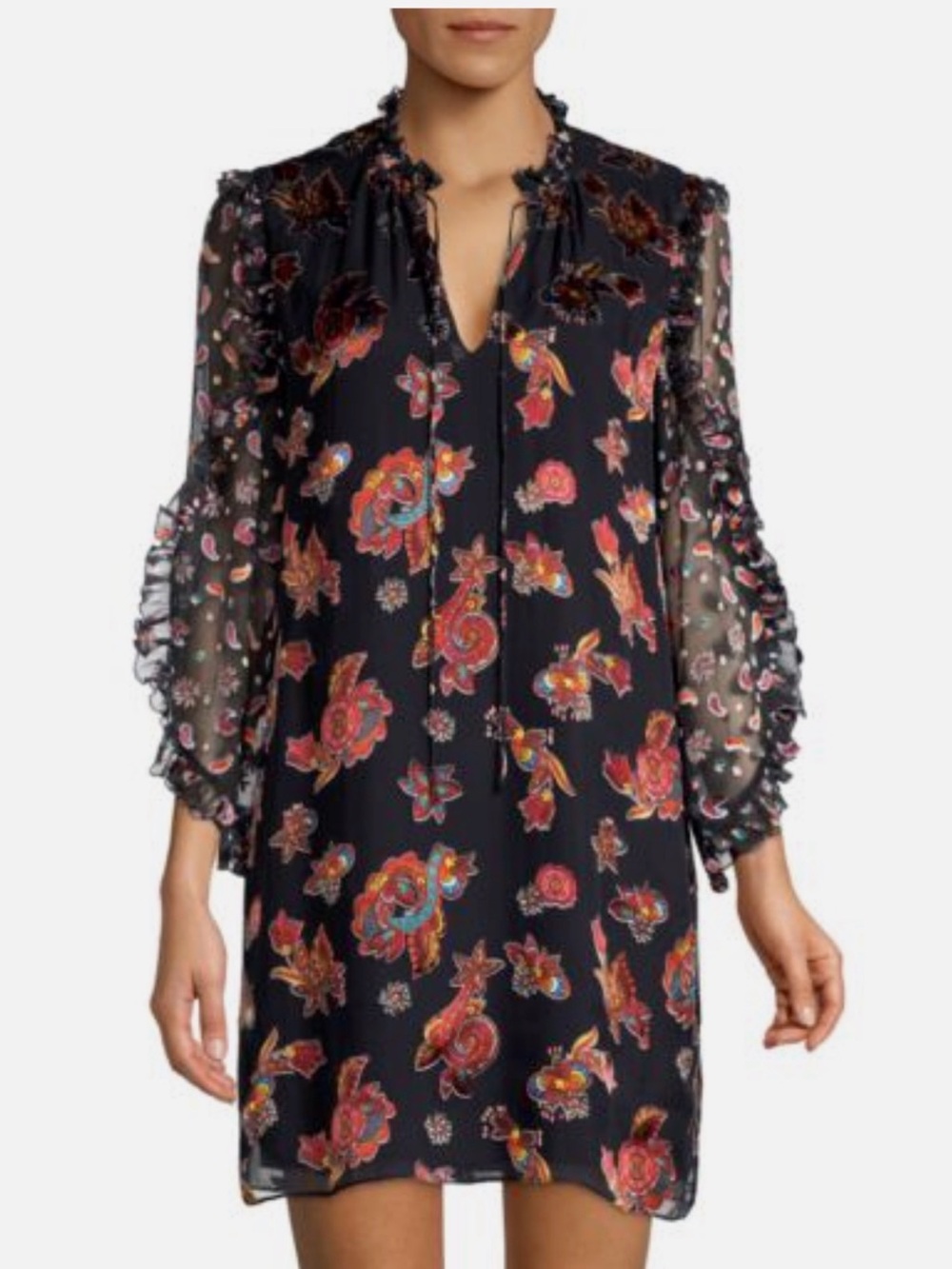 Alice + Olivia Floral Black Chiffon Shift Dress with Ruffled Sleeves